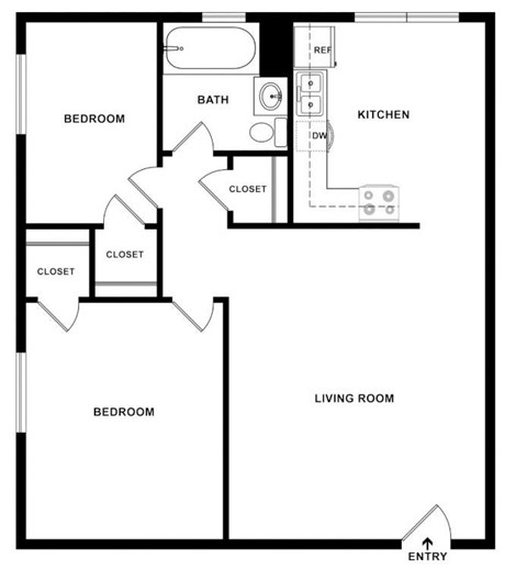 A black and white image of a floor plan for a small apartment.